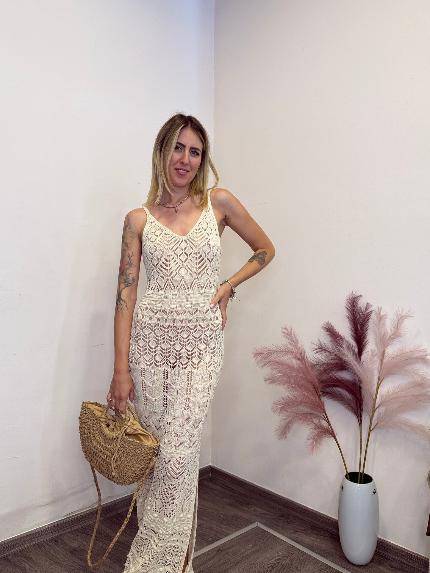 Abito lungo crochet panna