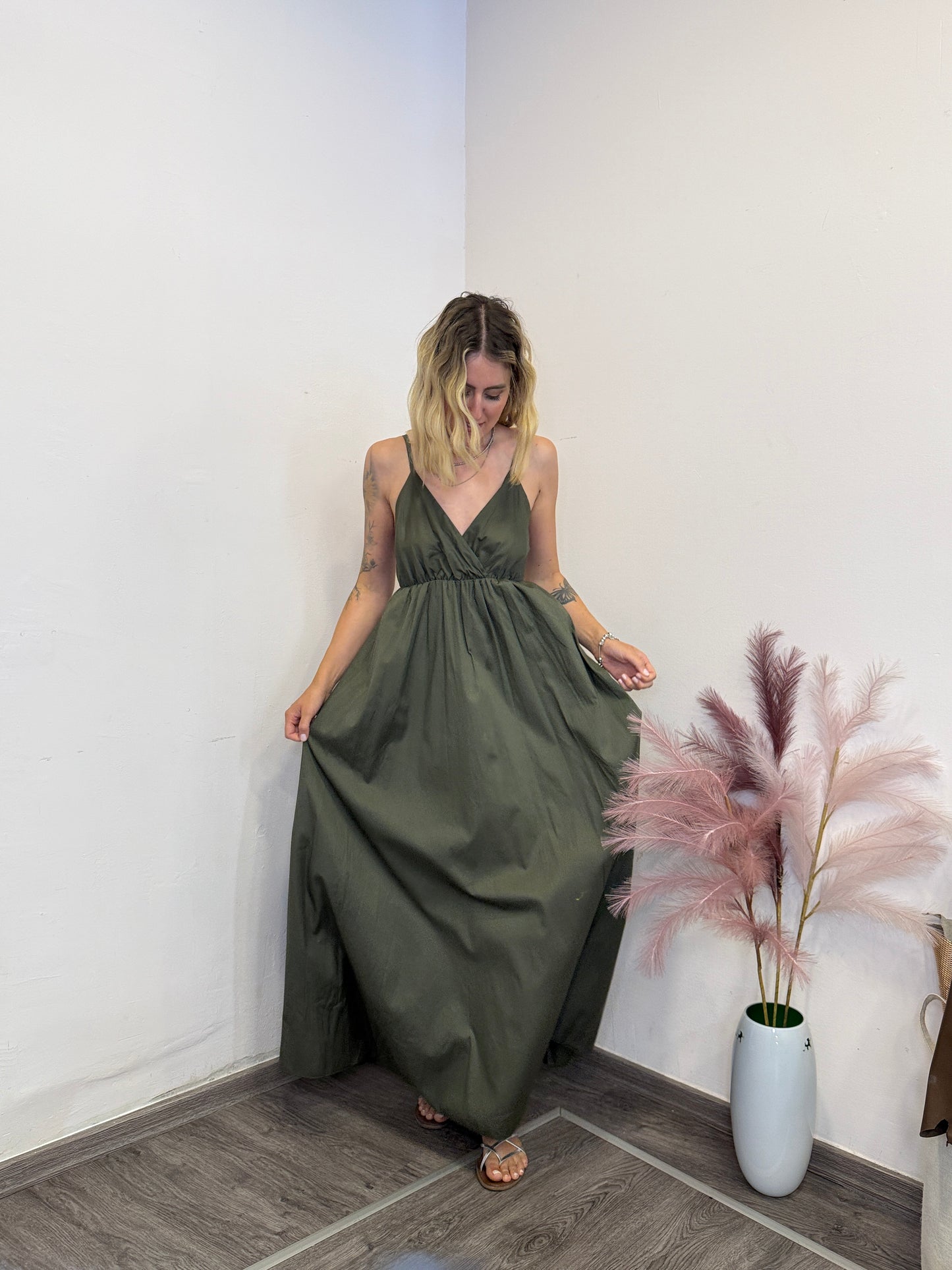 Abito lungo cotone verde militare