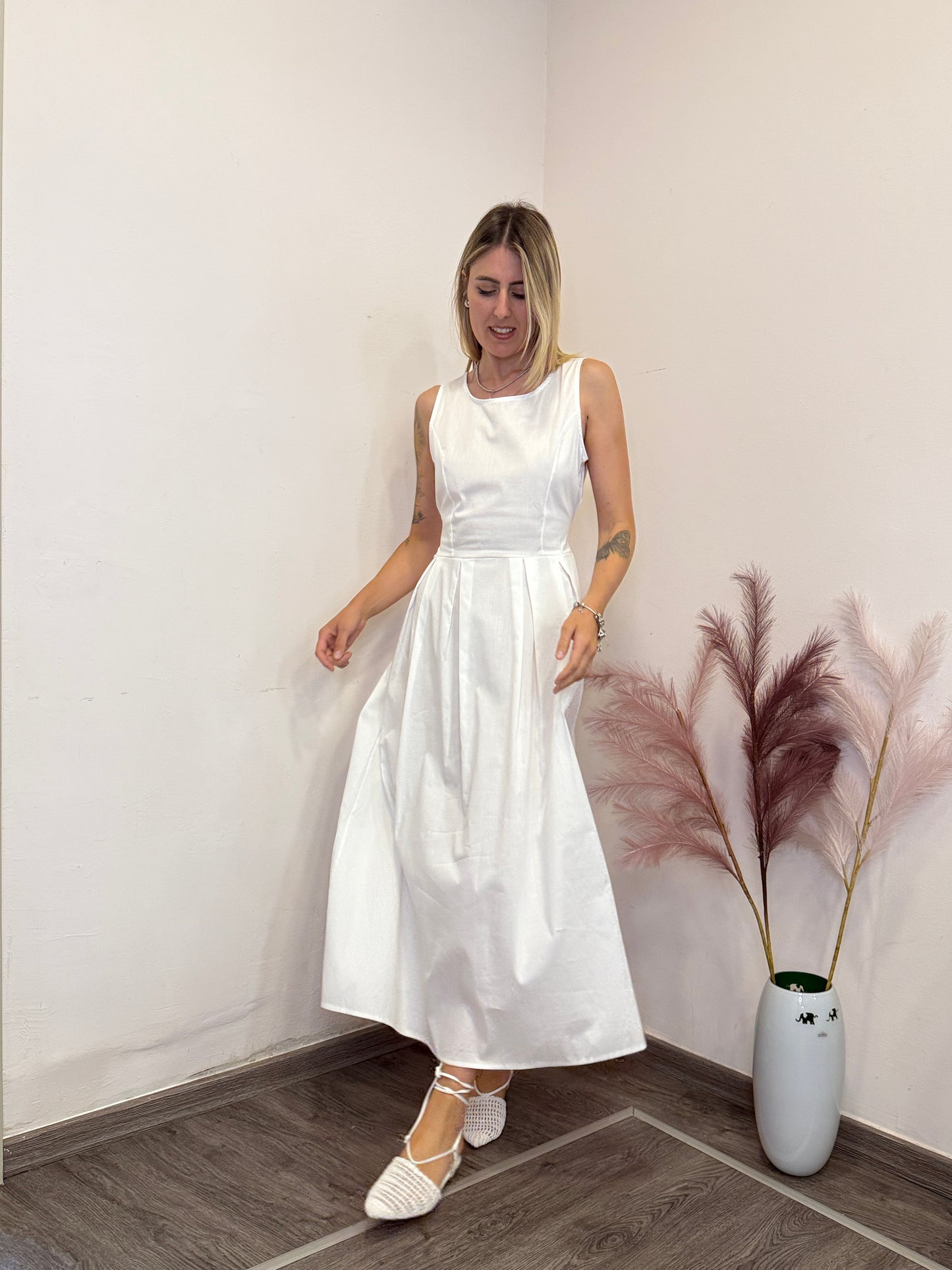 Abito cotone midi fiocco bianco