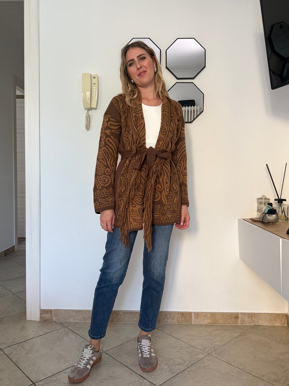Cardigan bicolor marr-senape