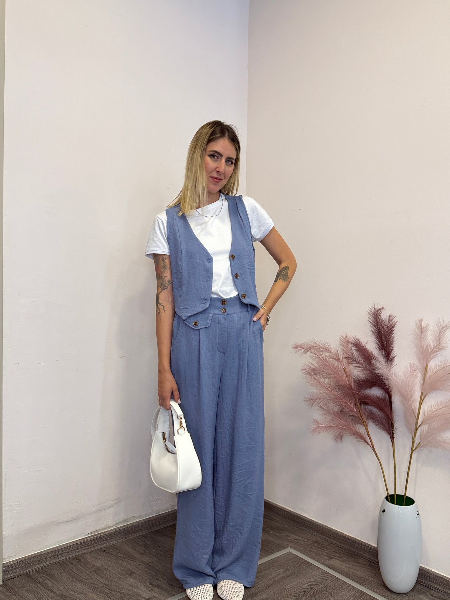 Completo viscosa e lino con gilet