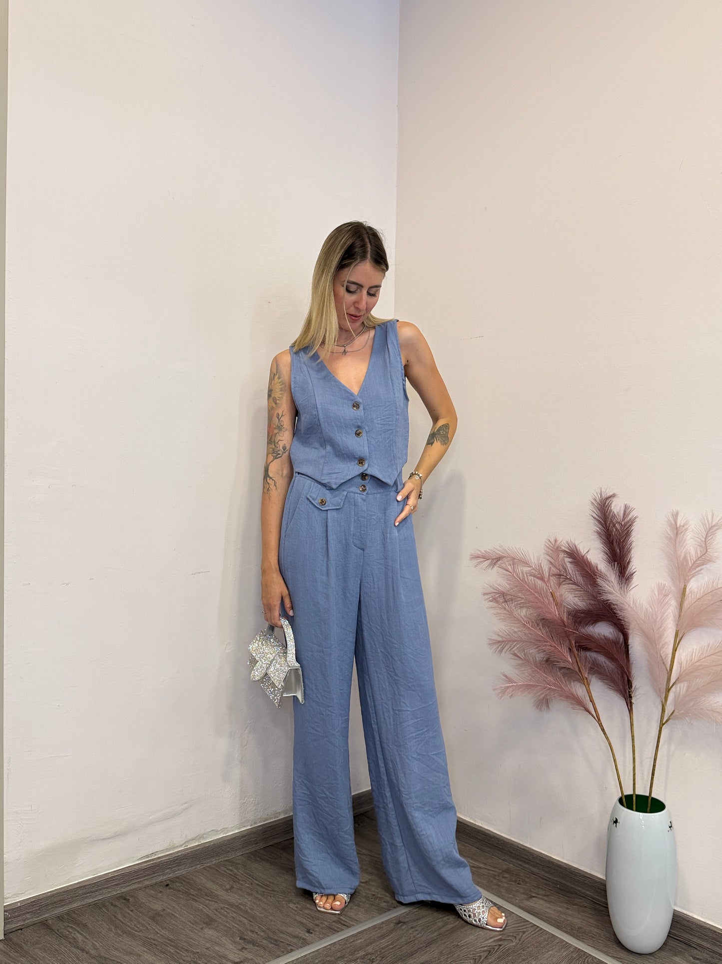 Completo viscosa e lino con gilet