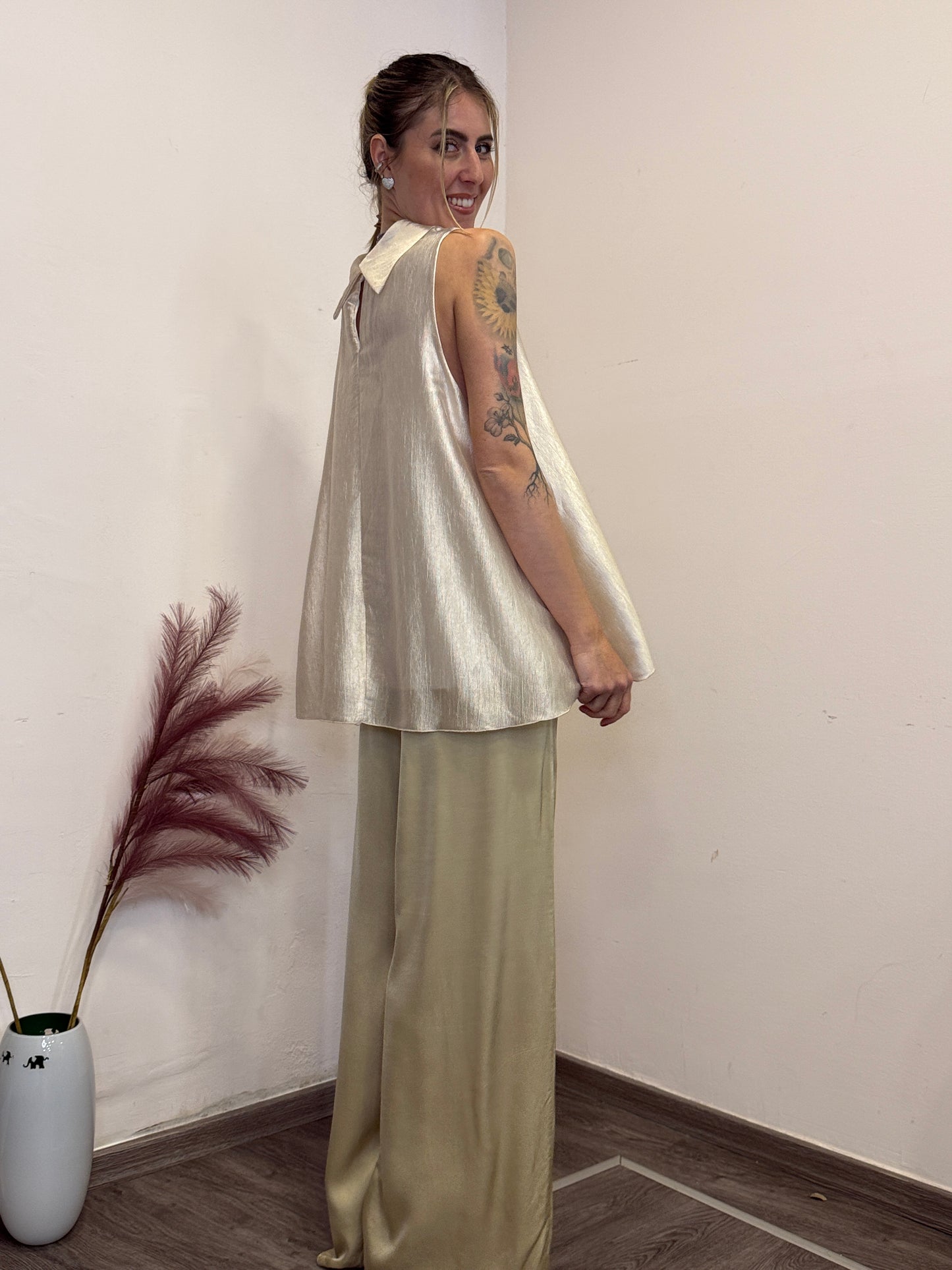 Pantaloni palazzo raso oro