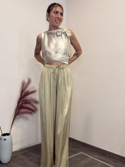 Pantaloni palazzo raso oro