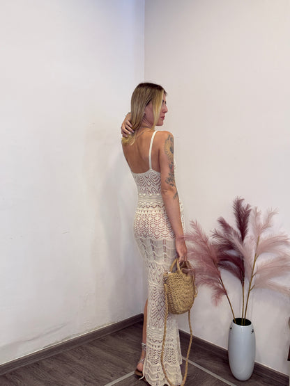 Abito lungo crochet panna