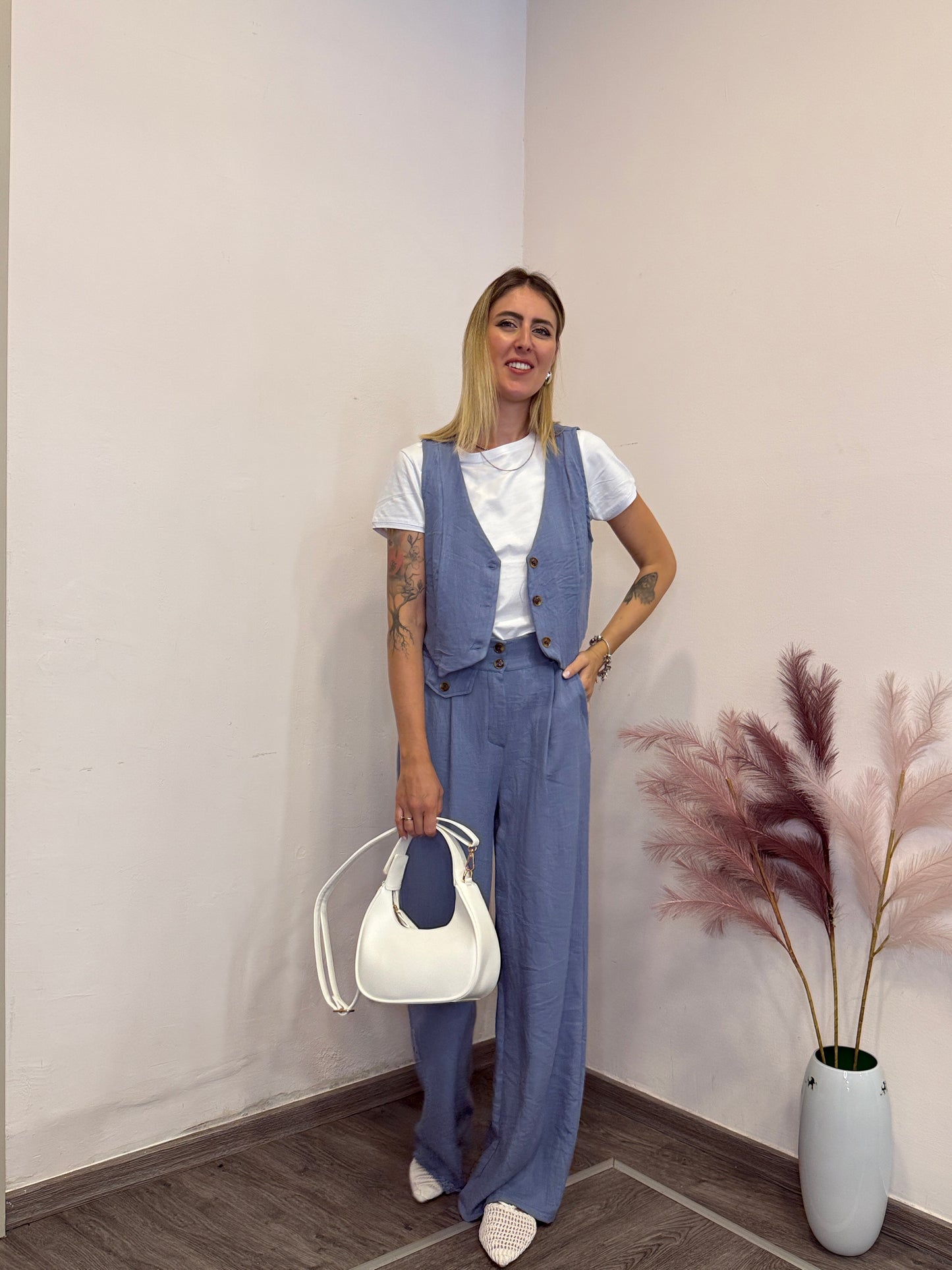 Completo viscosa e lino con gilet