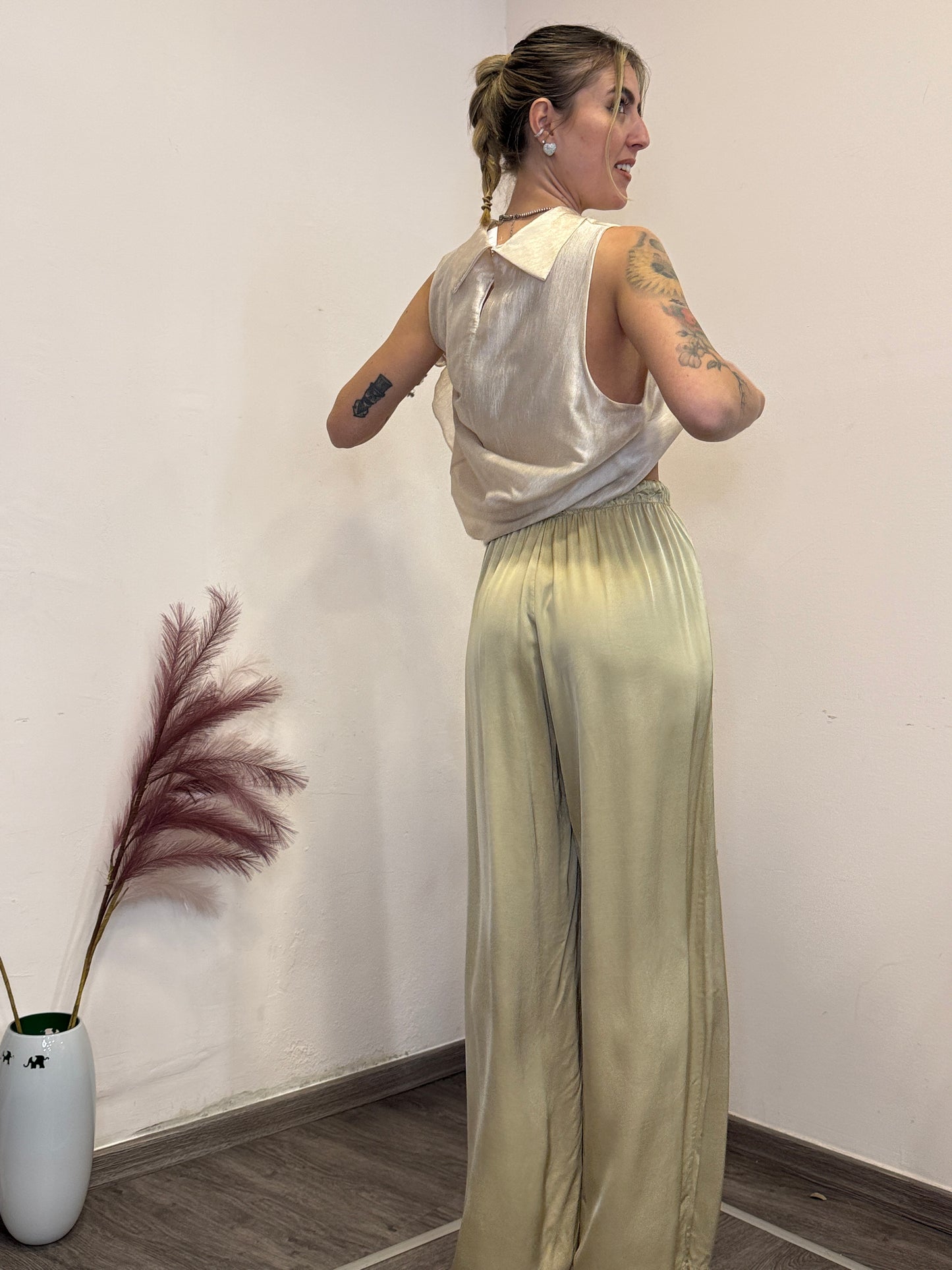 Pantaloni palazzo raso oro
