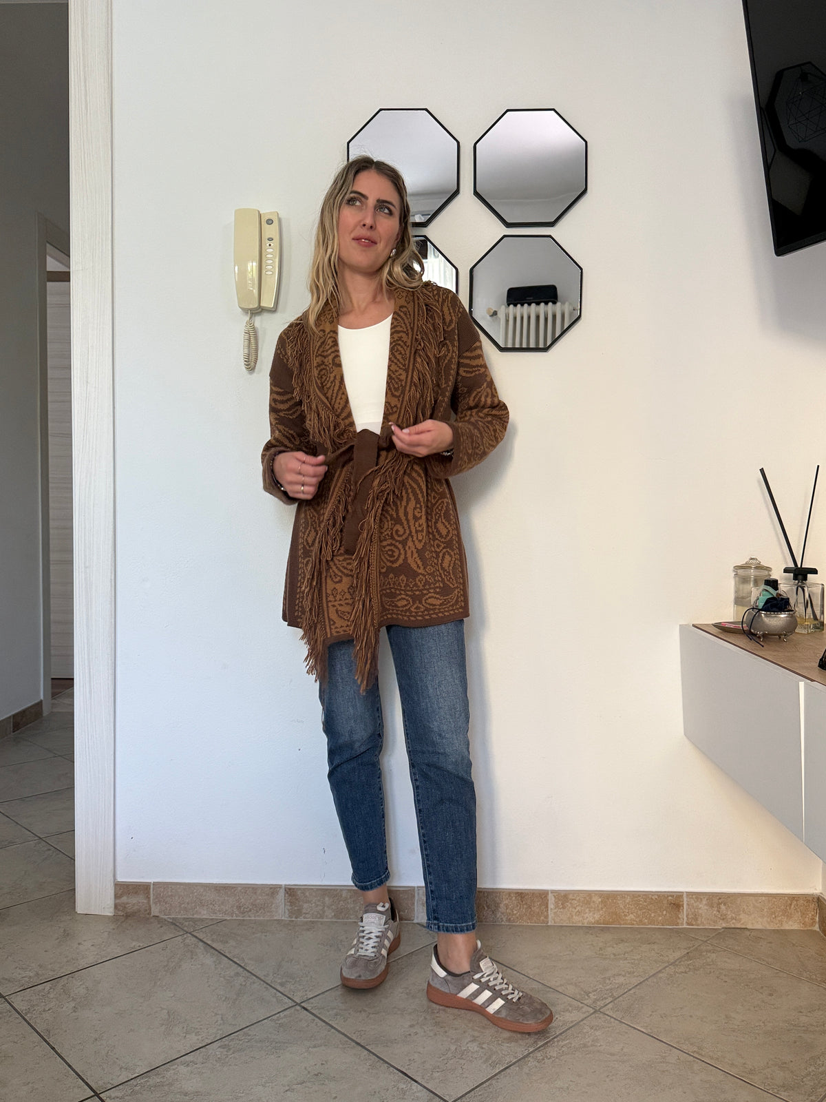 Cardigan bicolor marr-senape