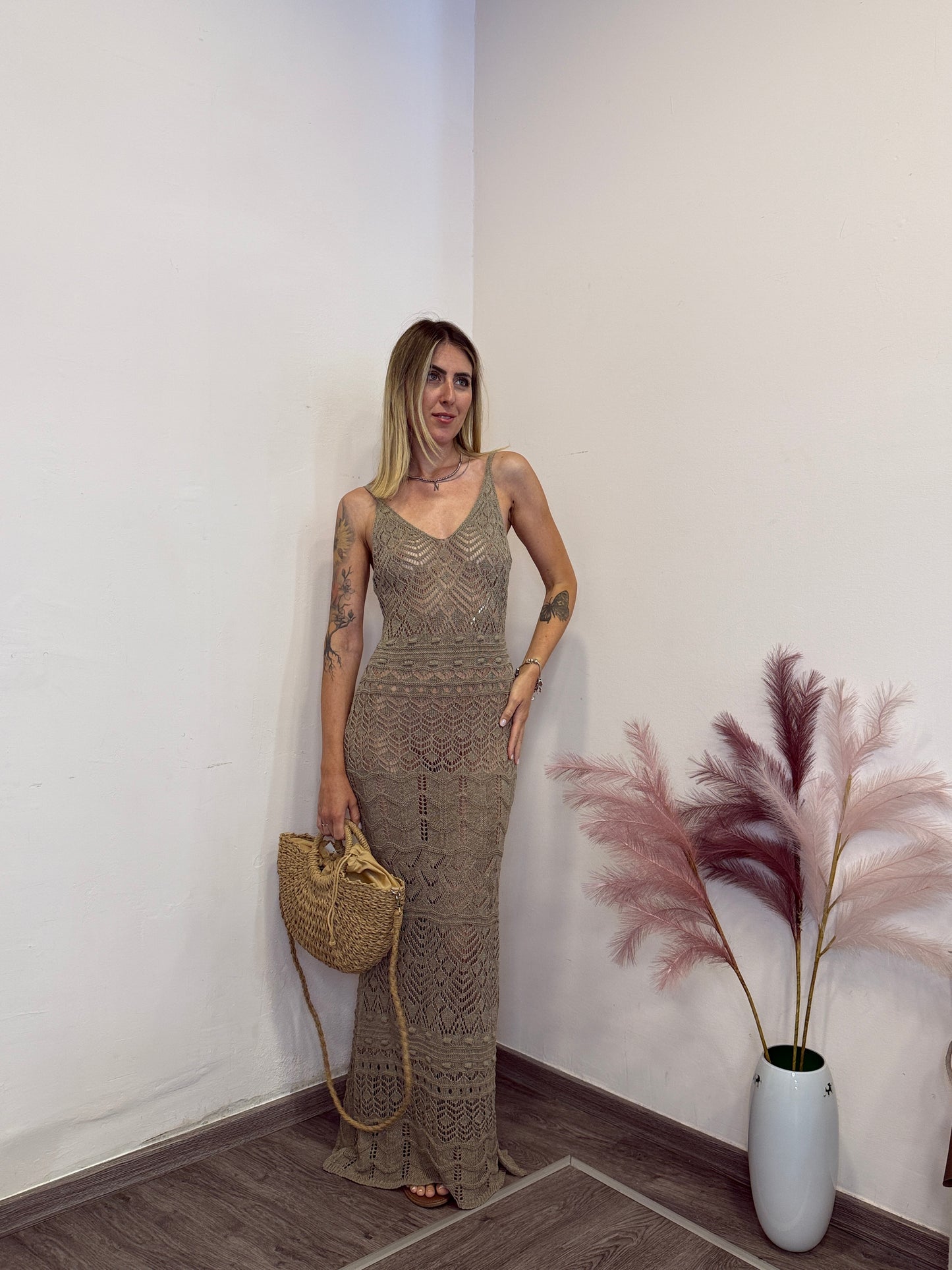Abito lungo crochet fango