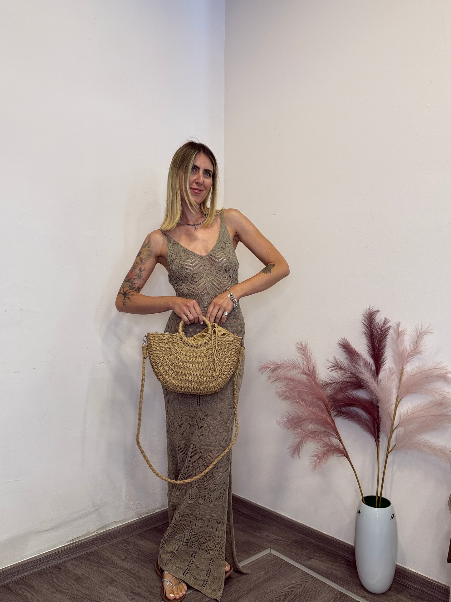 Abito lungo crochet fango