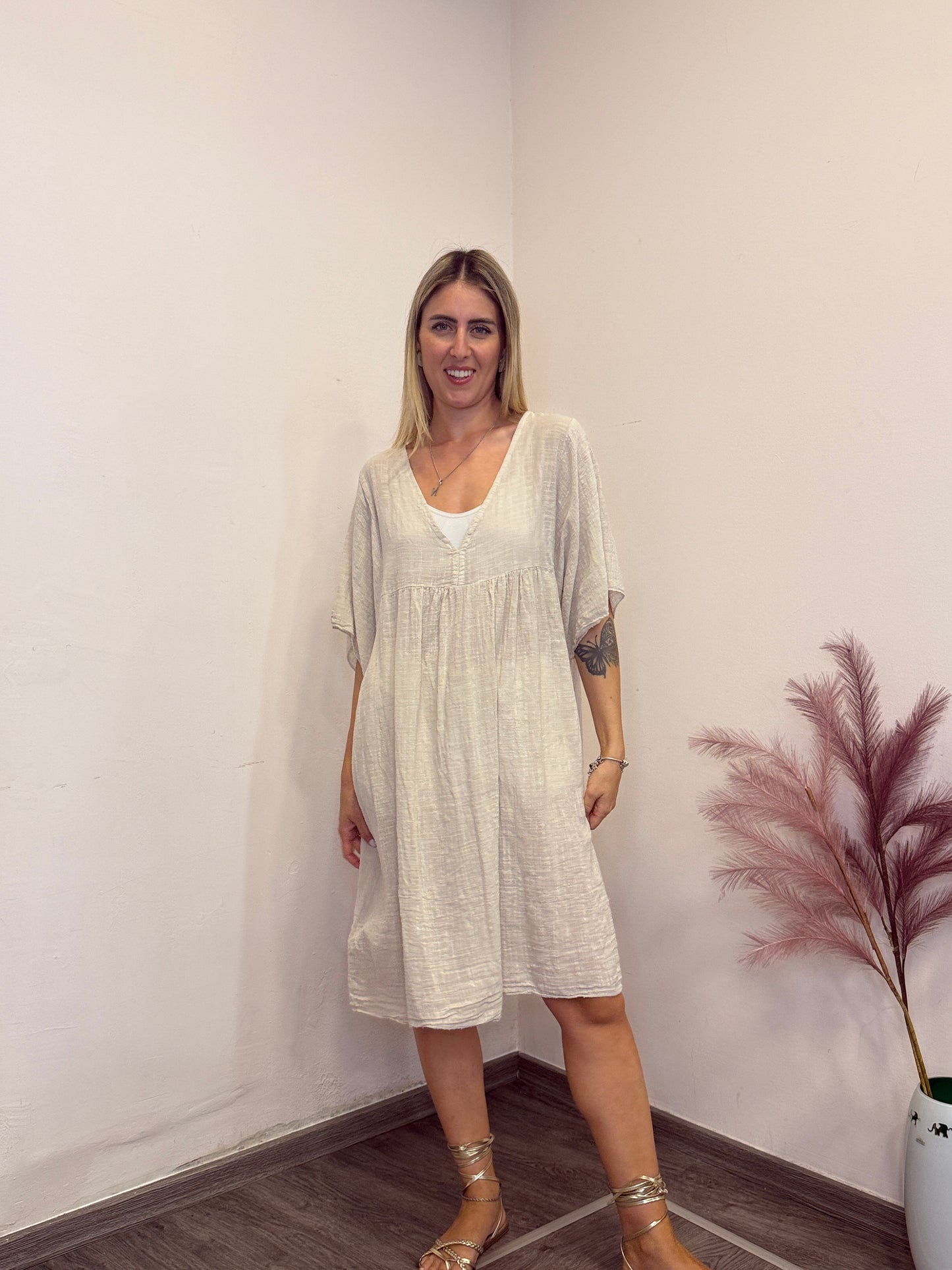 Abito misto lino beige