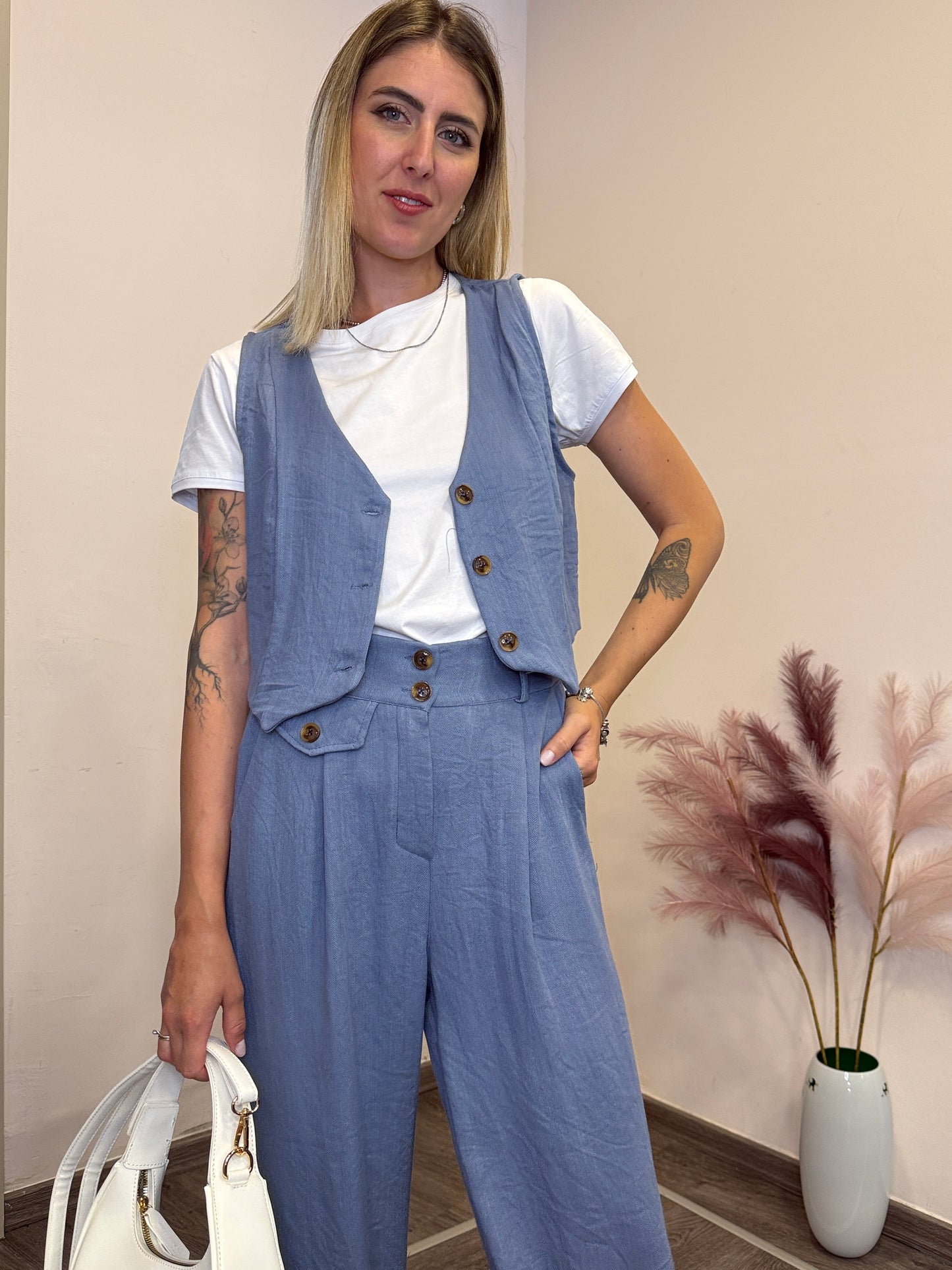Completo viscosa e lino con gilet