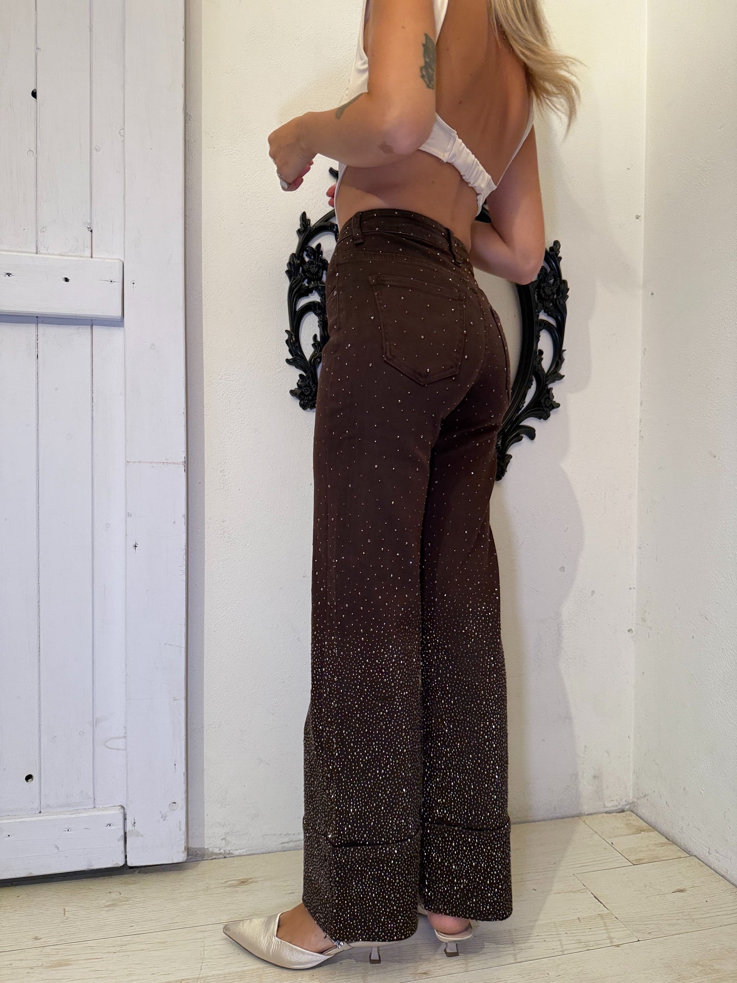 Jeans risvolto strass