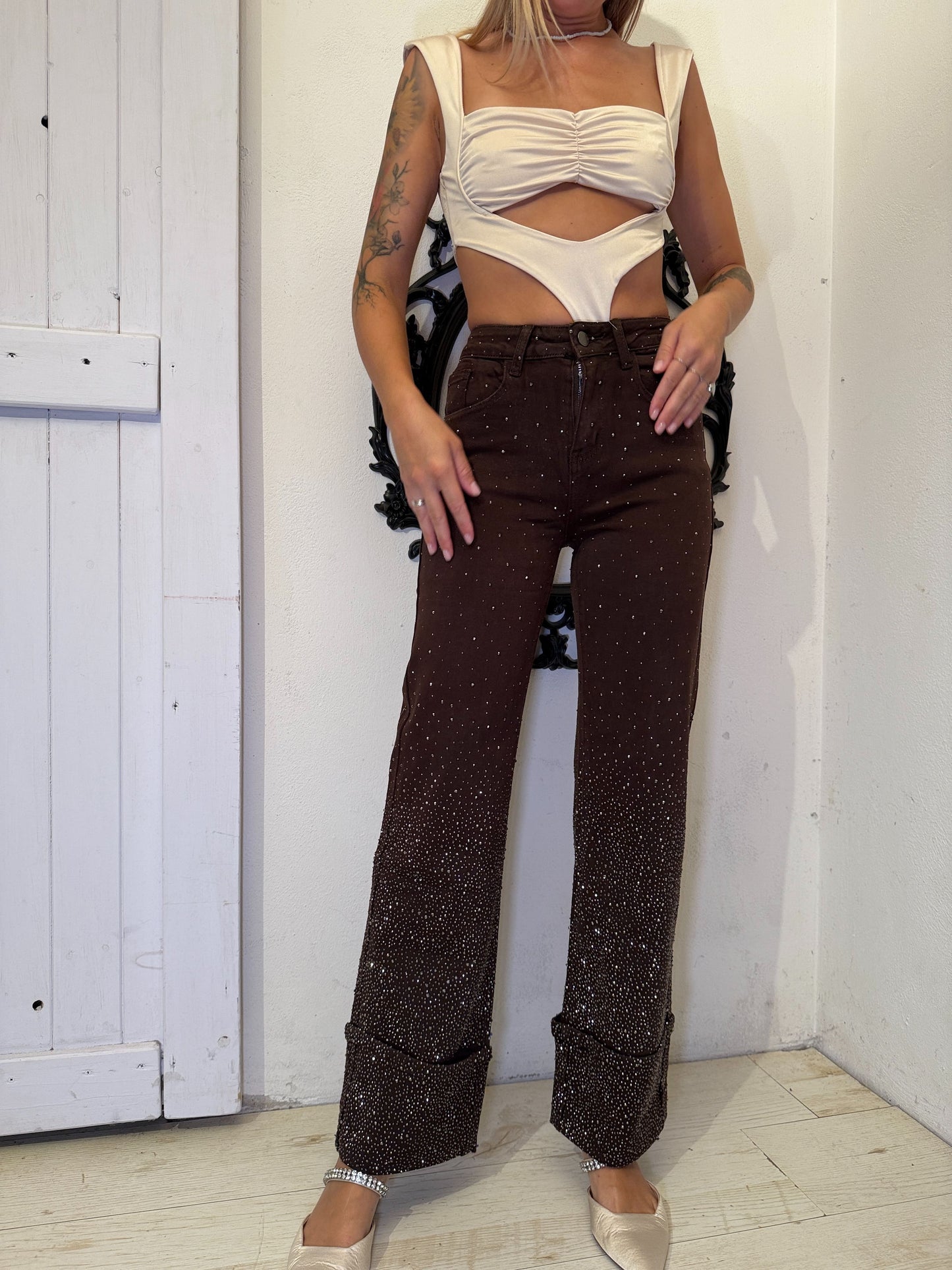 Jeans risvolto strass