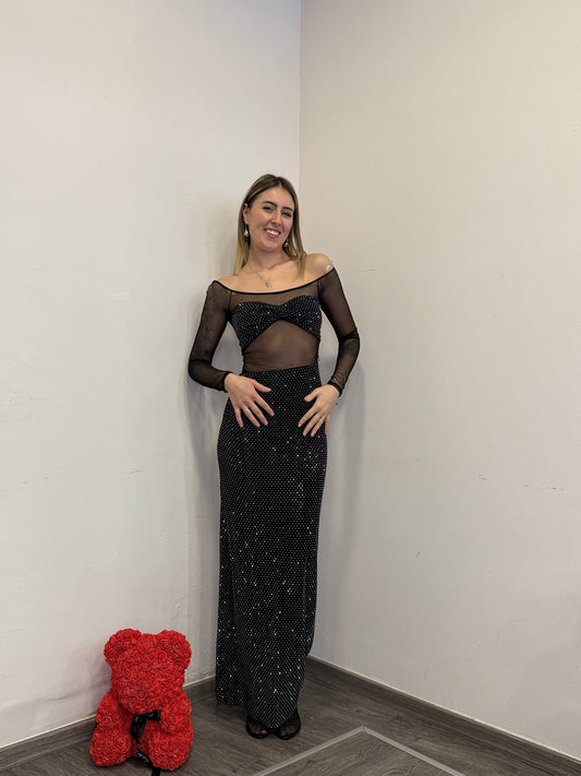 Abito con strass e maniche tulle