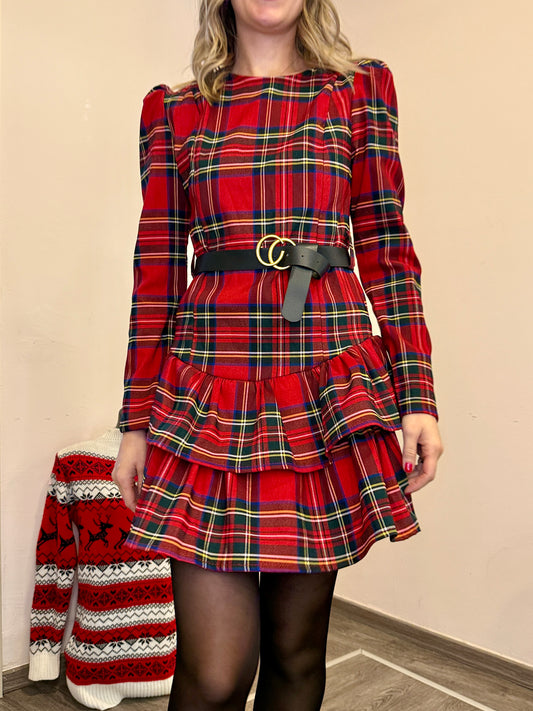 Abito balze tartan con cintura