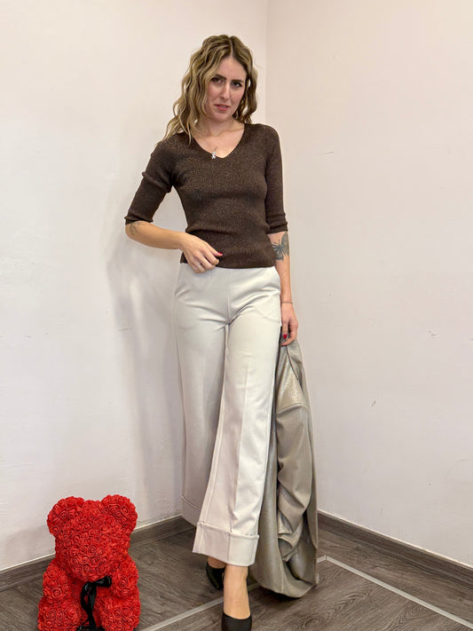 Pantaloni elasticizzati con risvolto beige