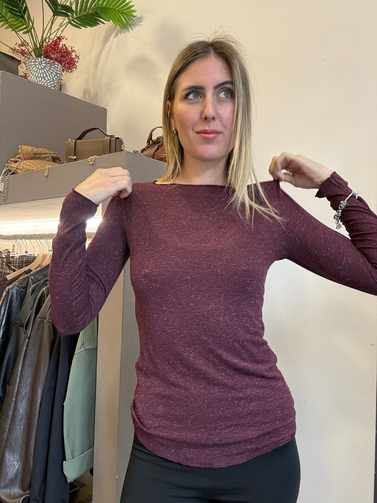 Maglia cashmere girocollo lurex bordeaux
